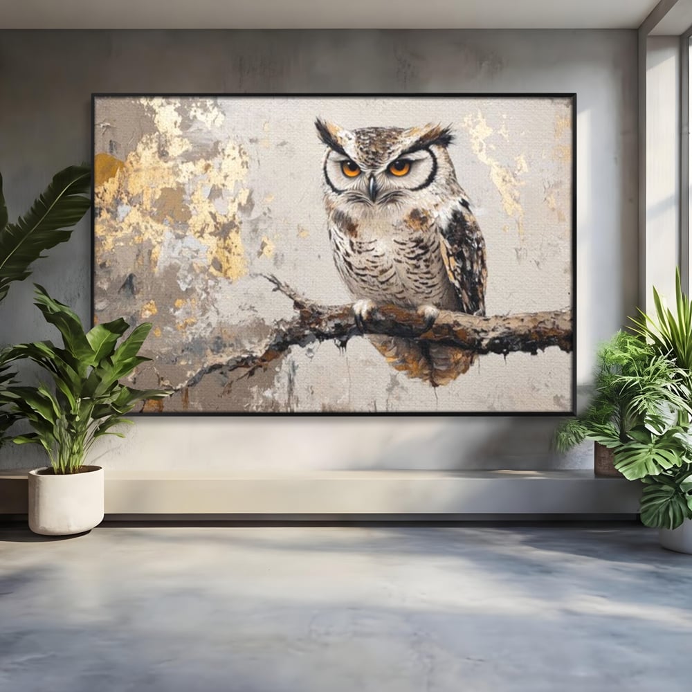 Tablou canvas cu tablou canvas cu bufnita pe ramura, in rama de aluminiu negru