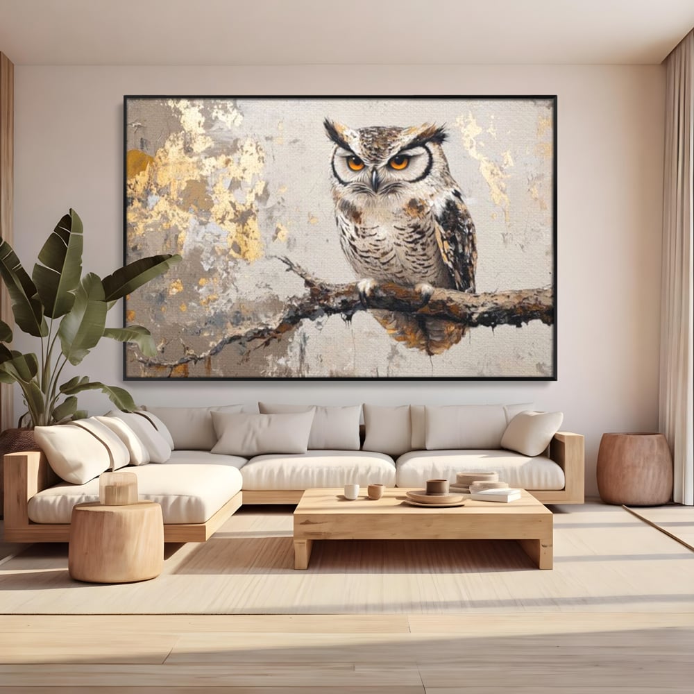 Tablou canvas cu tablou canvas cu bufnita pe ramura, in rama de aluminiu negru, pe perete intr-un living