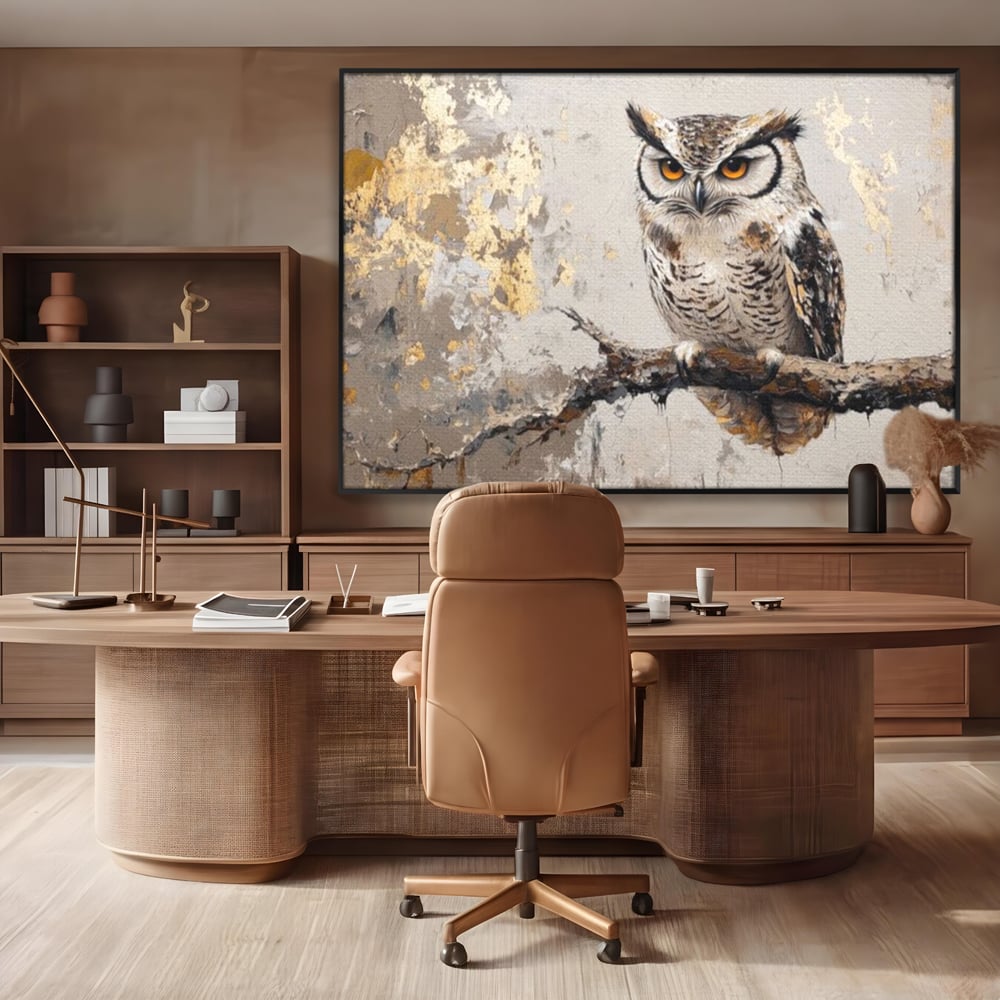 Tablou canvas cu tablou canvas cu bufnita pe ramura, in rama de aluminiu negru, pe perete intr-un birou
