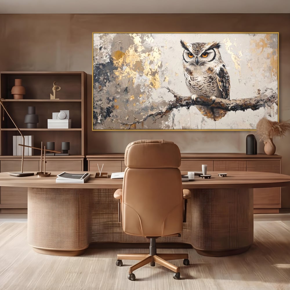 Tablou canvas cu tablou canvas cu bufnita pe ramura, in rama de aluminiu auriu, pe perete intr-un birou