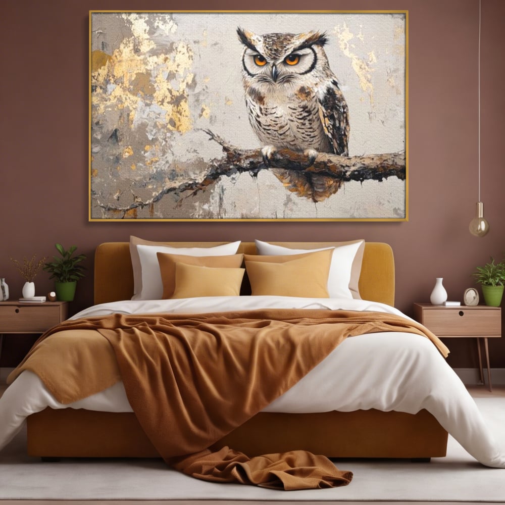 Tablou canvas cu tablou canvas cu bufnita pe ramura, in rama de aluminiu auriu, pe perete intr-un dormitor