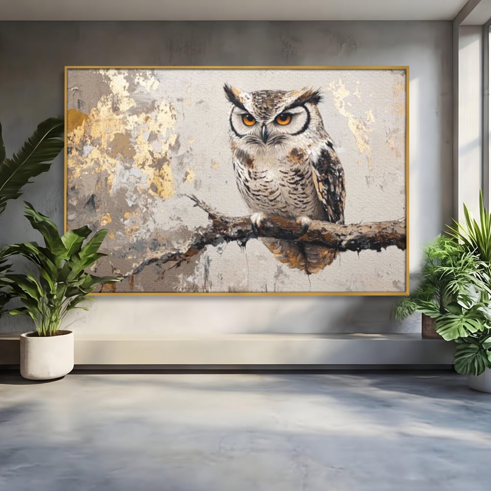 Tablou canvas cu tablou canvas cu bufnita pe ramura, in rama de aluminiu auriu