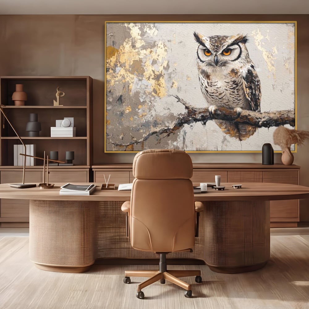 Tablou canvas cu tablou canvas cu bufnita pe ramura, in rama de aluminiu auriu, pe perete intr-un birou