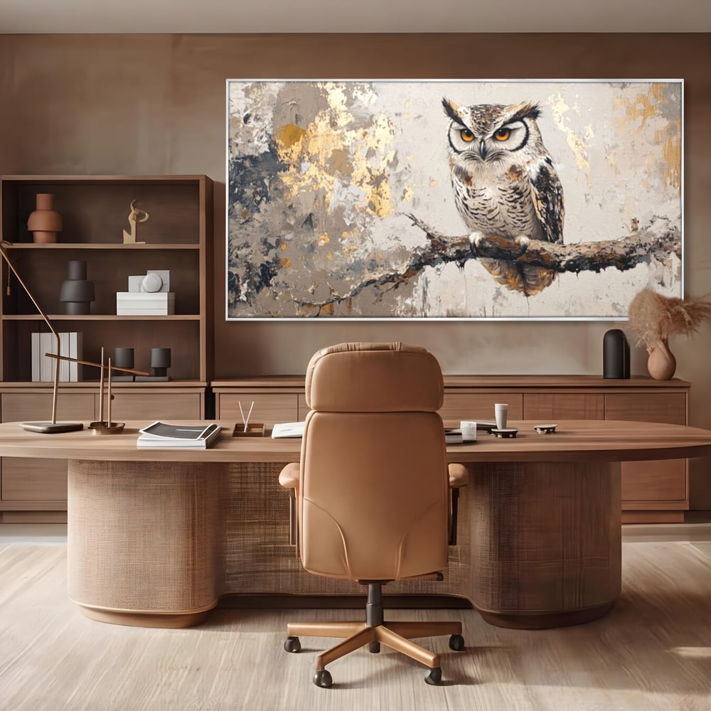 Tablou canvas cu tablou canvas cu bufnita pe ramura, in rama de aluminiu argintiu, pe perete intr-un birou