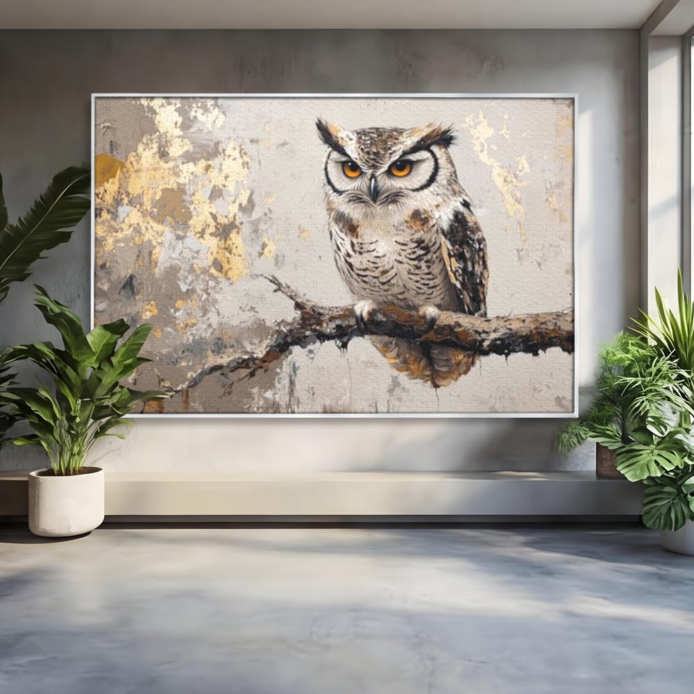 Tablou canvas cu tablou canvas cu bufnita pe ramura, in rama de aluminiu argintiu