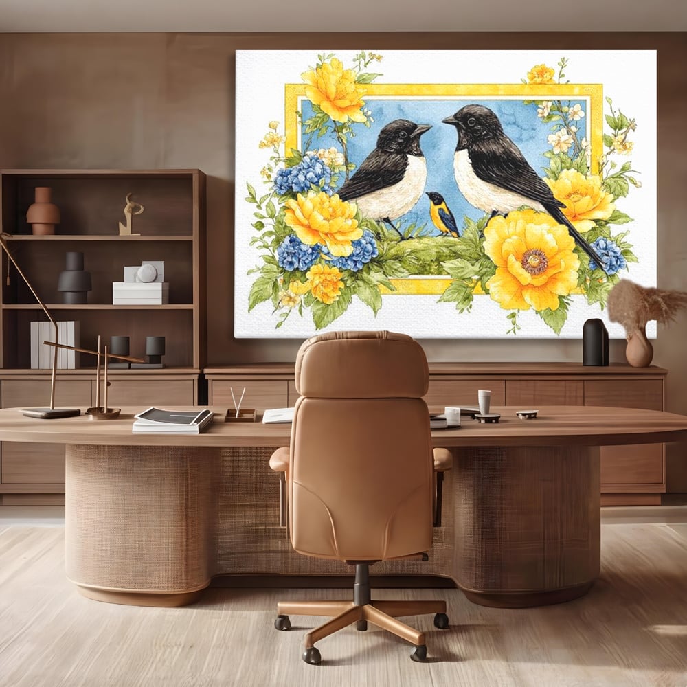 Tablou canvas cu tablou canvas cu pasari si flori, fara rama, pe sasiu de lemn, pe perete intr-un birou