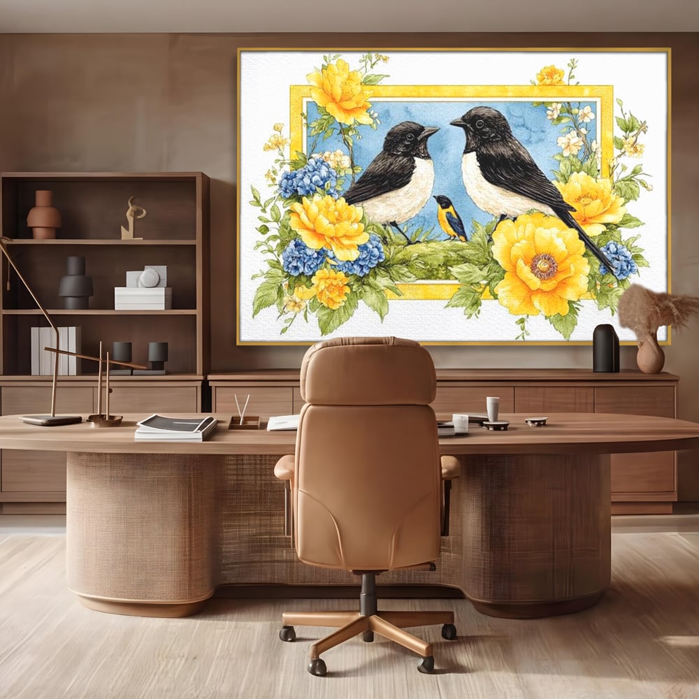 Tablou canvas cu tablou canvas cu pasari si flori, in rama de aluminiu auriu, pe perete intr-un birou