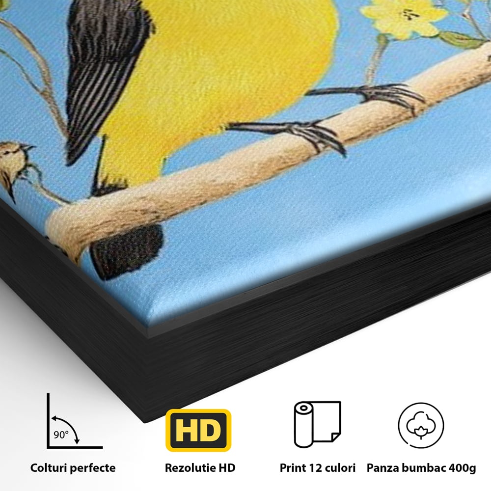 Detaliu al suprafetei: tablou canvas cu trei pasari pe ramura, in rama de aluminiu negru