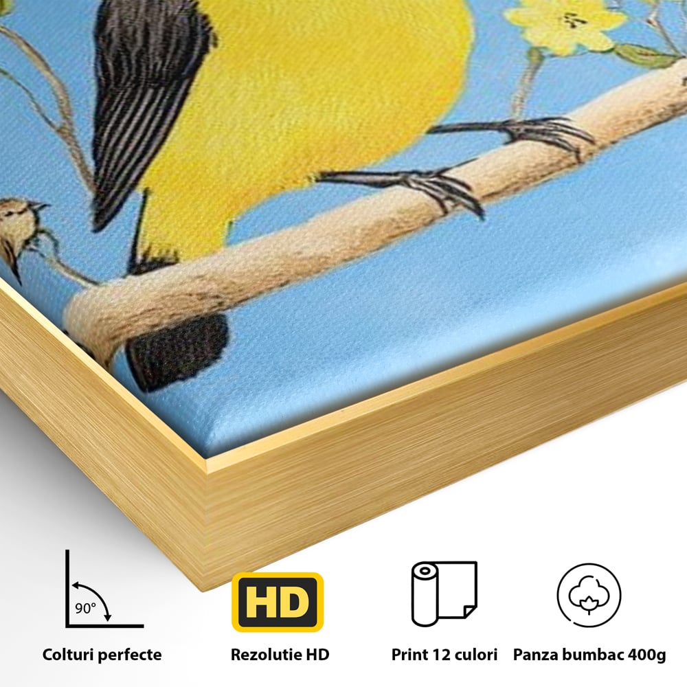Detaliu al suprafetei: tablou canvas cu trei pasari pe ramura, in rama de aluminiu auriu