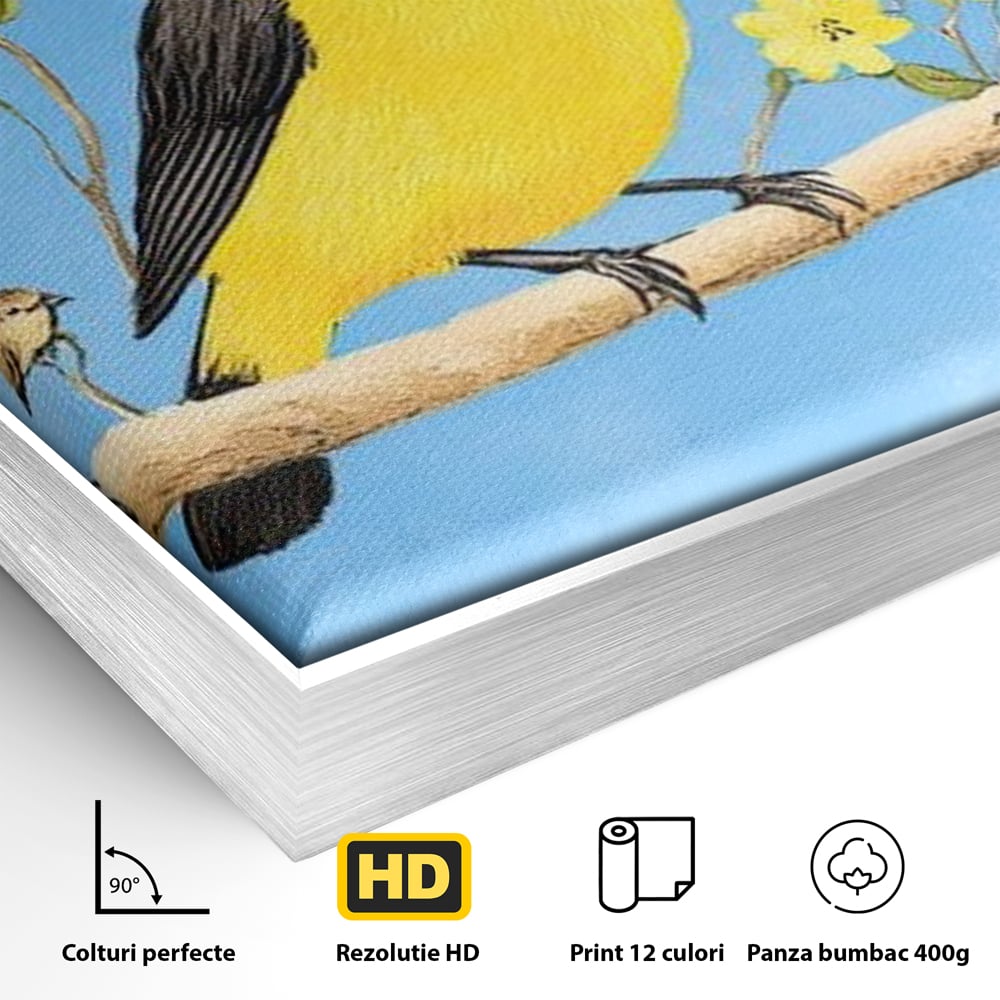 Detaliu al suprafetei: tablou canvas cu trei pasari pe ramura, in rama de aluminiu argintiu