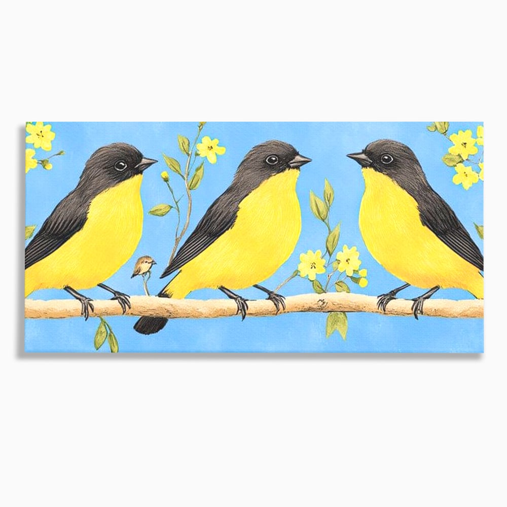 Tablou canvas cu tablou canvas cu trei pasari pe ramura, fara rama, pe sasiu de lemn