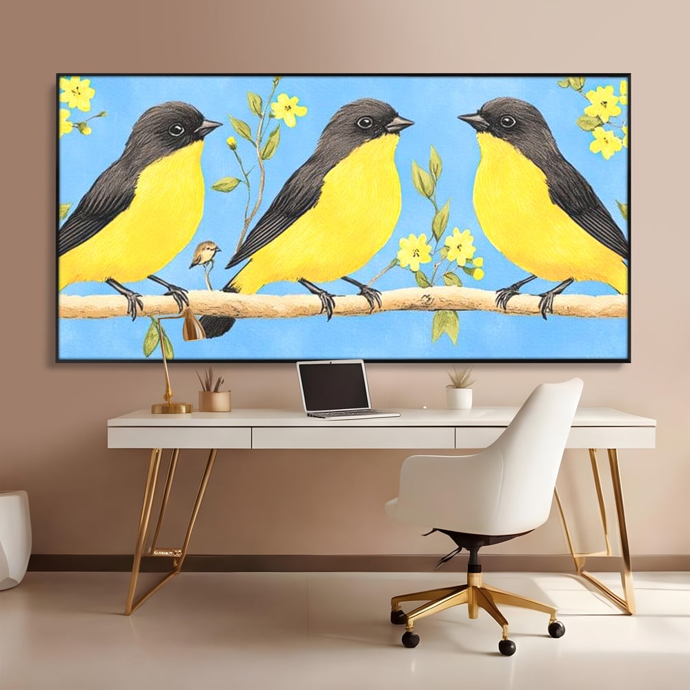Tablou canvas cu tablou canvas cu trei pasari pe ramura, in rama de aluminiu negru, pe perete intr-un birou