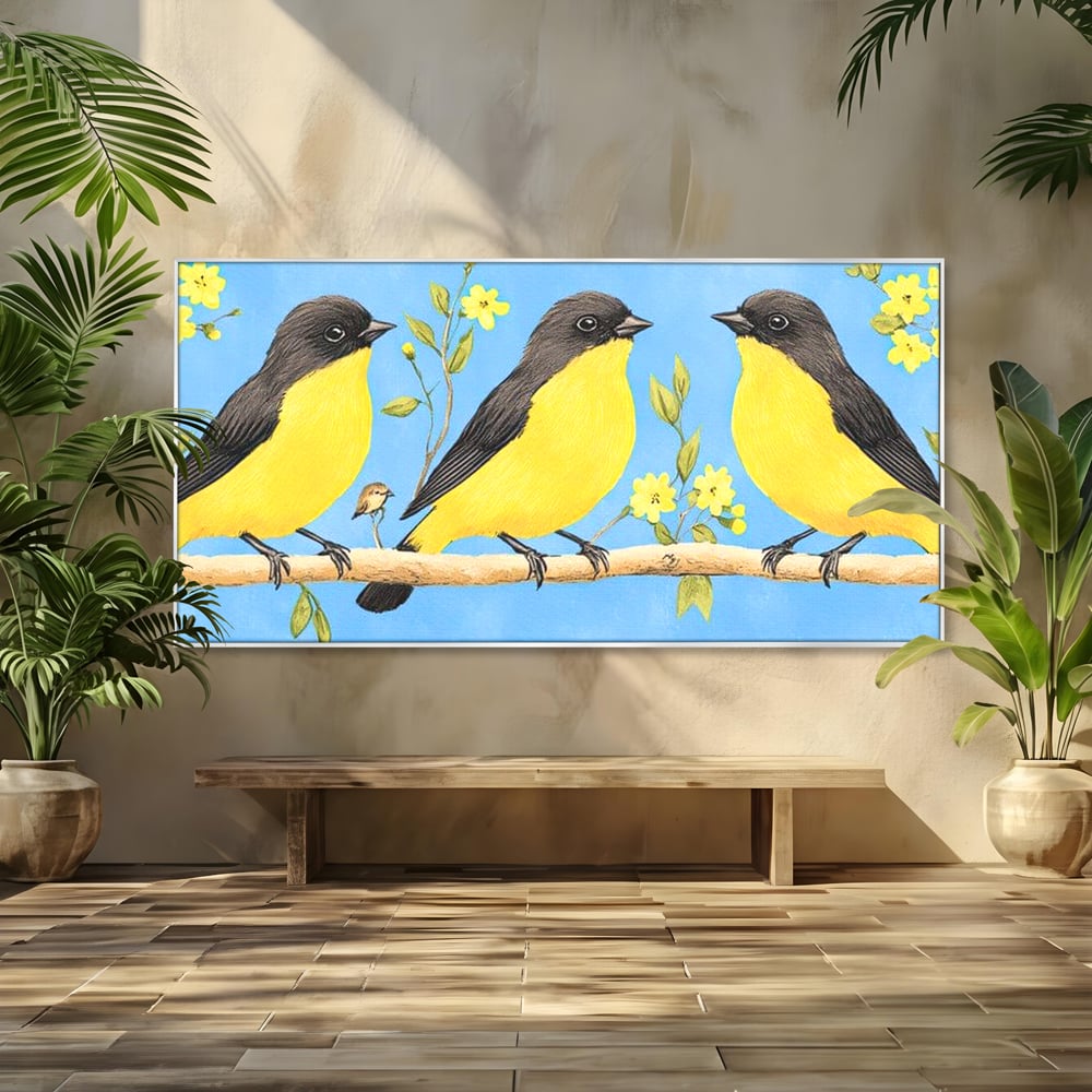 Tablou canvas cu tablou canvas cu trei pasari pe ramura, in rama de aluminiu argintiu