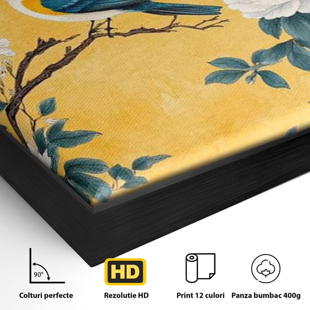 Detaliu al suprafetei: tablou canvas cu pasare pe creanga si bujori, in rama de aluminiu negru