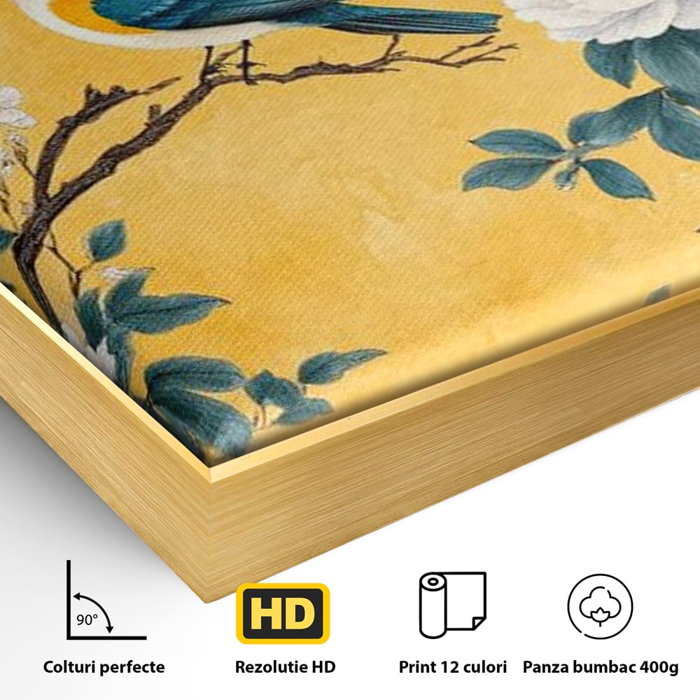 Detaliu al suprafetei: tablou canvas cu pasare pe creanga si bujori, in rama de aluminiu auriu