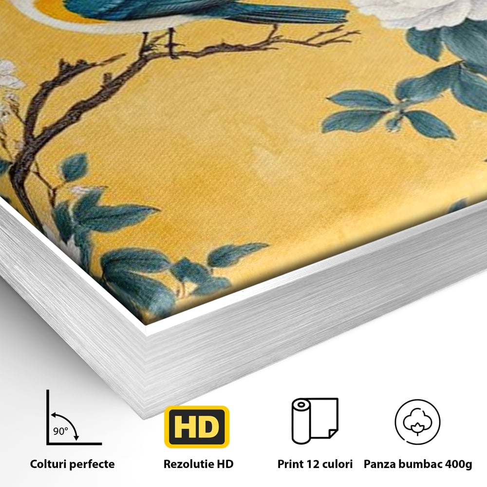 Detaliu al suprafetei: tablou canvas cu pasare pe creanga si bujori, in rama de aluminiu argintiu