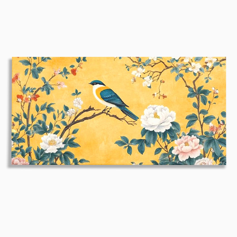 Tablou canvas cu tablou canvas cu pasare pe creanga si bujori, fara rama, pe sasiu de lemn