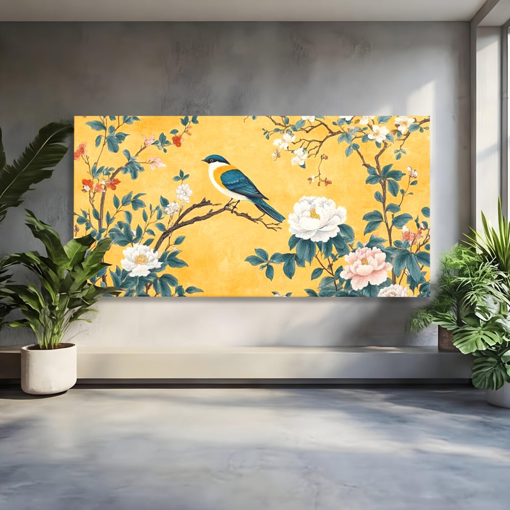 Tablou canvas cu tablou canvas cu pasare pe creanga si bujori, fara rama, pe sasiu de lemn
