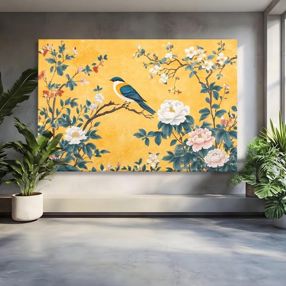 Tablou canvas cu tablou canvas cu pasare pe creanga si bujori, fara rama, pe sasiu de lemn