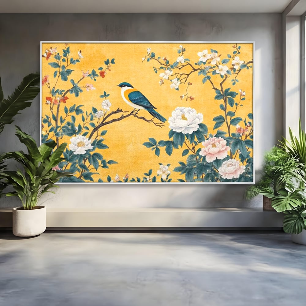 Tablou canvas cu tablou canvas cu pasare pe creanga si bujori, in rama de aluminiu argintiu