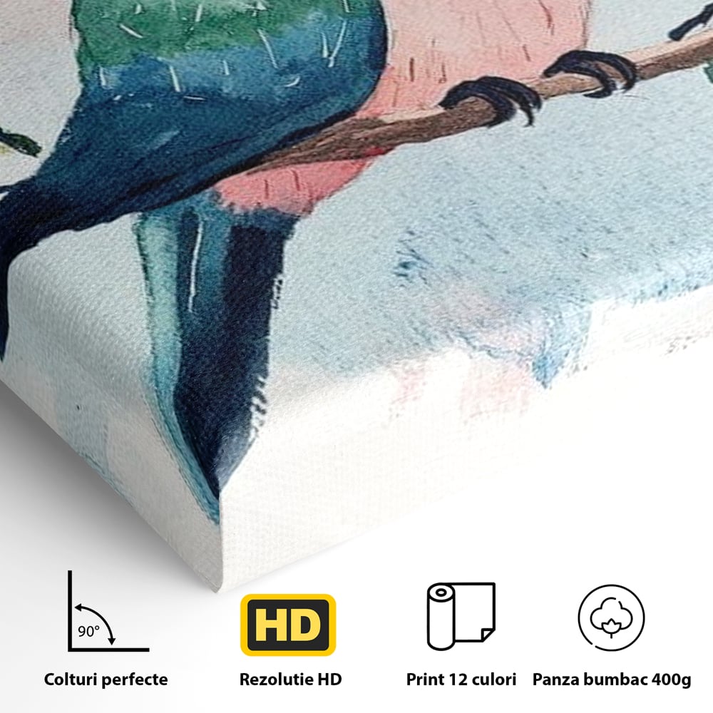 Detaliu al suprafetei: tablou canvas cu papagal colorat, fara rama, pe sasiu de lemn