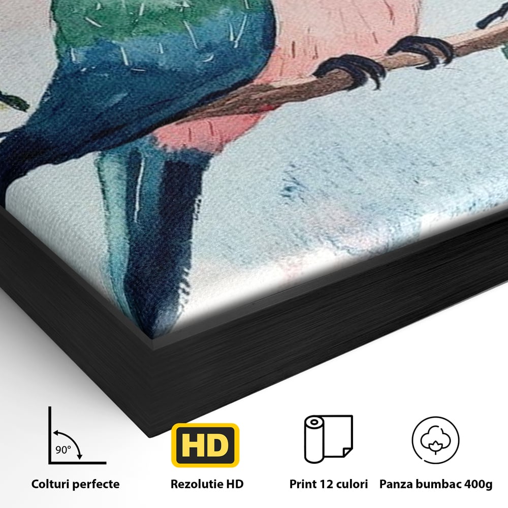 Detaliu al suprafetei: tablou canvas cu papagal colorat, in rama de aluminiu negru