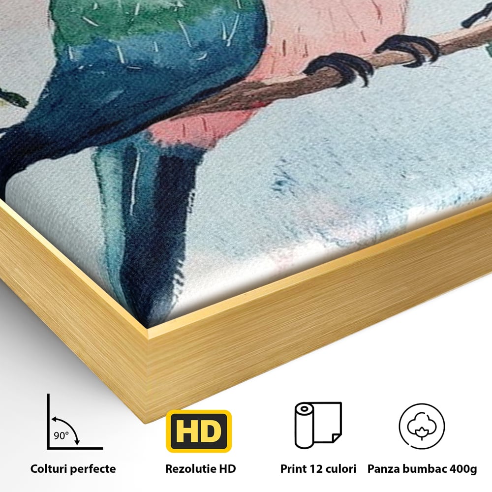 Detaliu al suprafetei: tablou canvas cu papagal colorat, in rama de aluminiu auriu