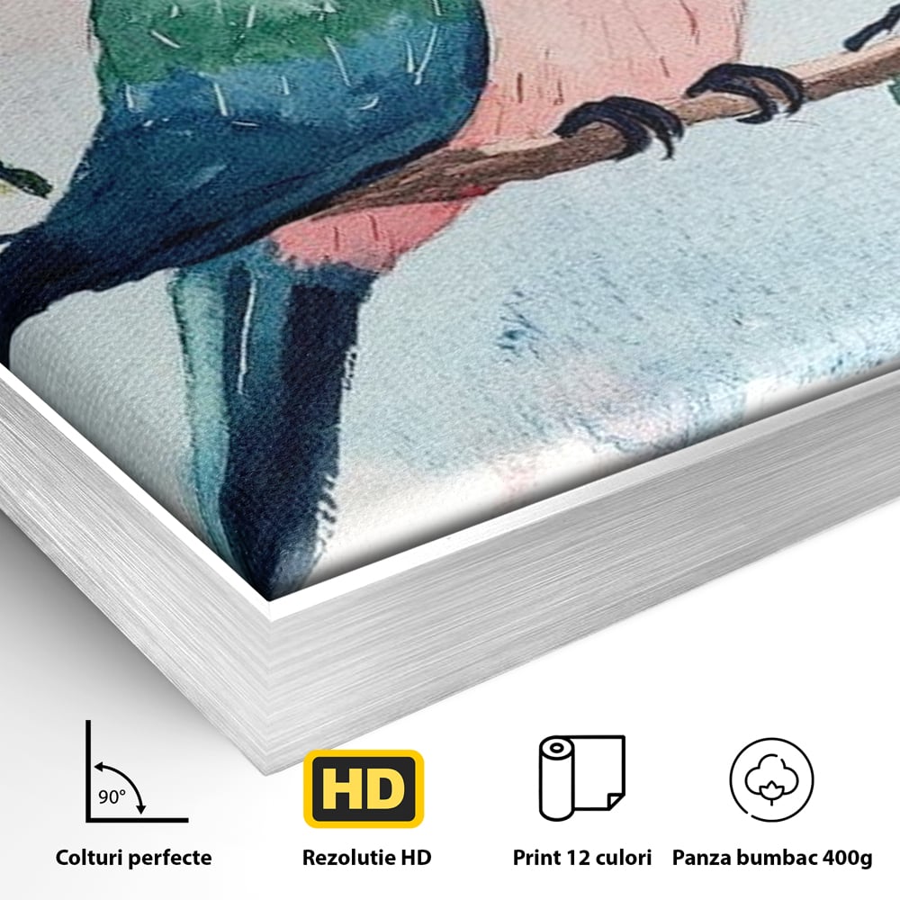 Detaliu al suprafetei: tablou canvas cu papagal colorat, in rama de aluminiu argintiu