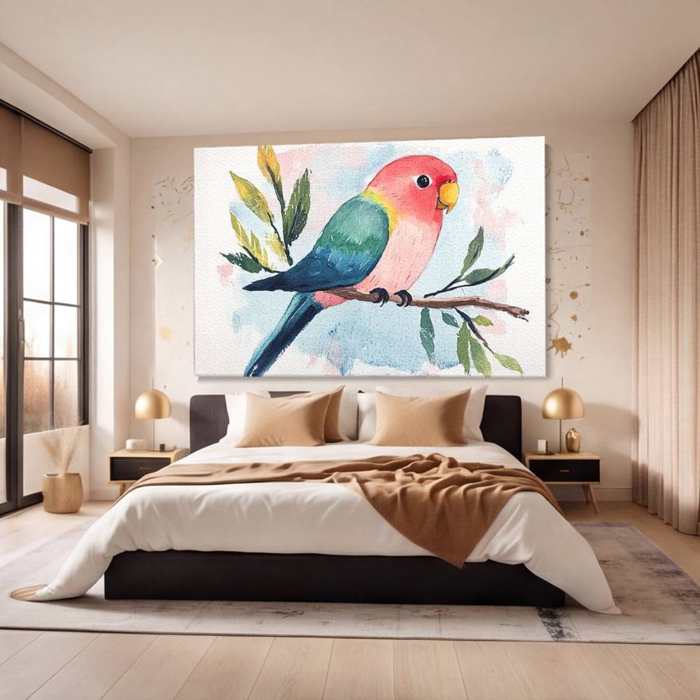 Tablou canvas cu tablou canvas cu papagal colorat, fara rama, pe sasiu de lemn, pe perete intr-un dormitor
