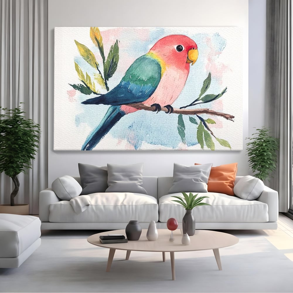 Tablou canvas cu tablou canvas cu papagal colorat, fara rama, pe sasiu de lemn, pe perete intr-un living