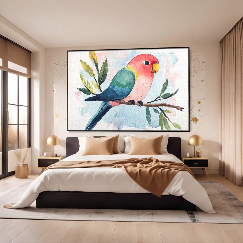 Tablou canvas cu tablou canvas cu papagal colorat, in rama de aluminiu negru, pe perete intr-un dormitor