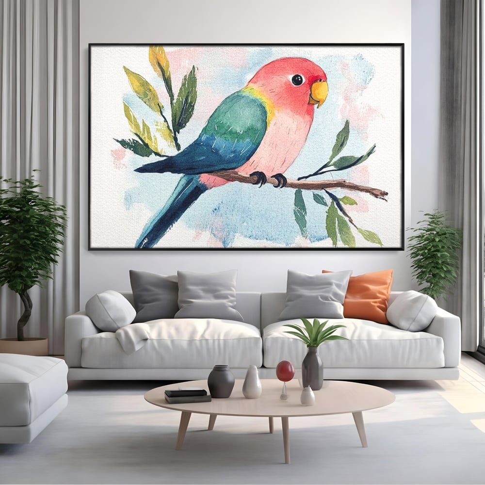 Tablou canvas cu tablou canvas cu papagal colorat, in rama de aluminiu negru, pe perete intr-un living
