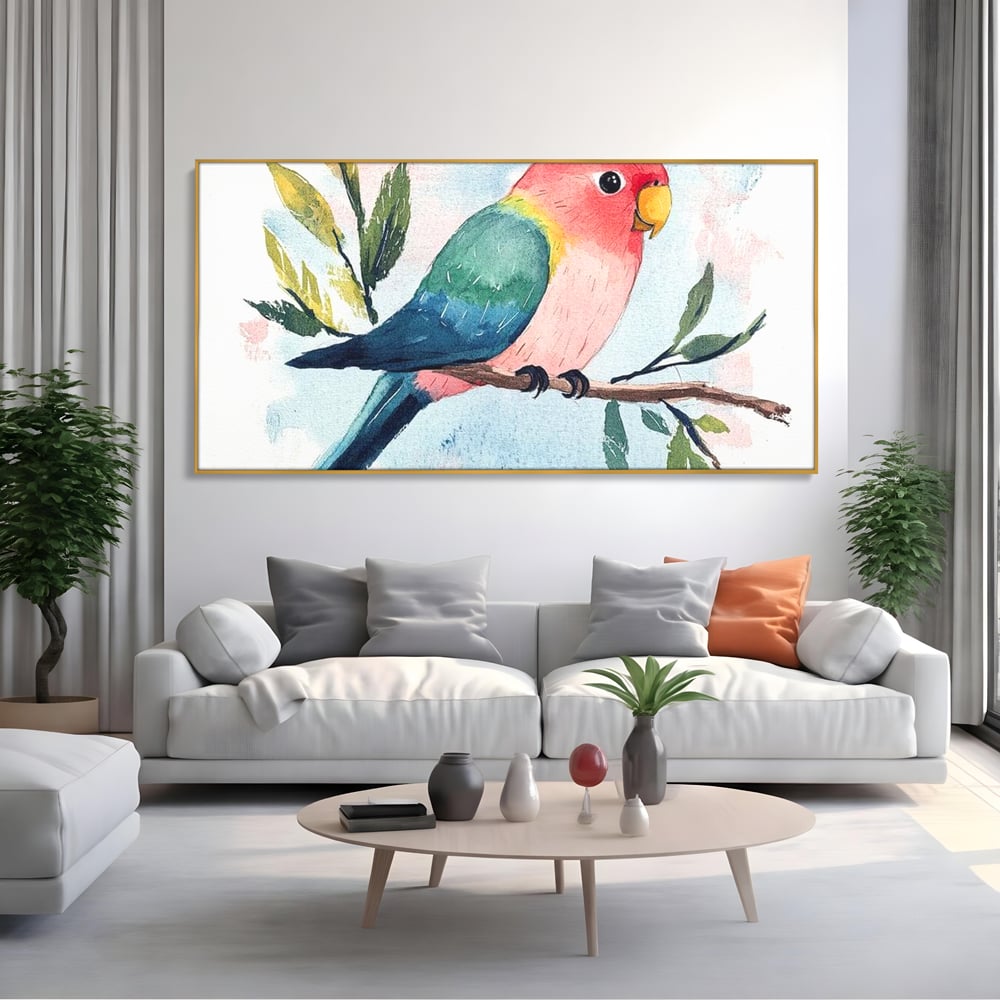 Tablou canvas cu tablou canvas cu papagal colorat, in rama de aluminiu auriu, pe perete intr-un living