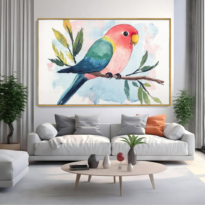 Tablou canvas cu tablou canvas cu papagal colorat, in rama de aluminiu auriu, pe perete intr-un living