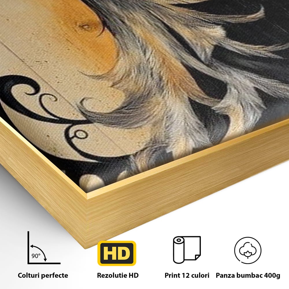 Detaliu al suprafetei: tablou canvas cu pasare mitologica phoenix, in rama de aluminiu auriu