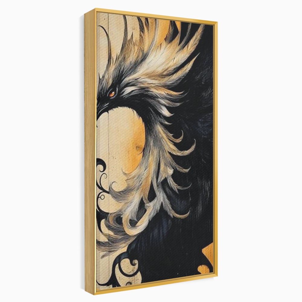 Tablou canvas cu tablou canvas cu pasare mitologica phoenix, in rama de aluminiu auriu