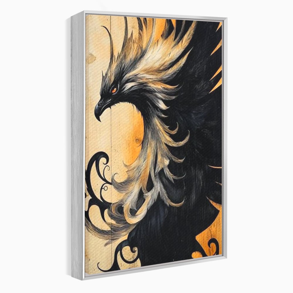 Tablou canvas cu tablou canvas cu pasare mitologica phoenix, in rama de aluminiu argintiu