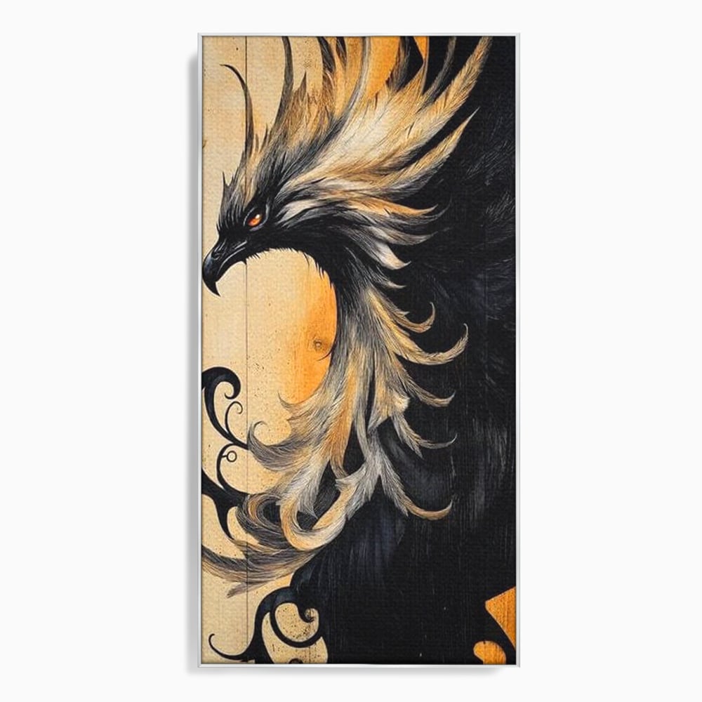 Tablou canvas cu tablou canvas cu pasare mitologica phoenix, in rama de aluminiu argintiu