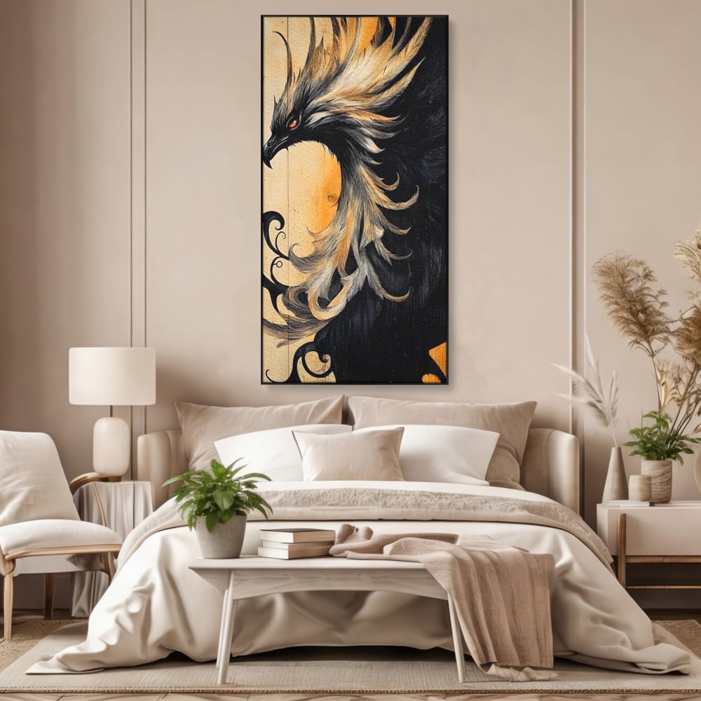 Tablou canvas cu tablou canvas cu pasare mitologica phoenix, in rama de aluminiu negru, pe perete intr-un dormitor