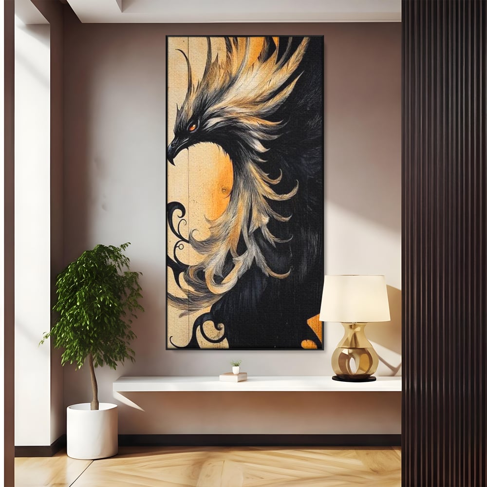 Tablou canvas cu tablou canvas cu pasare mitologica phoenix, in rama de aluminiu negru