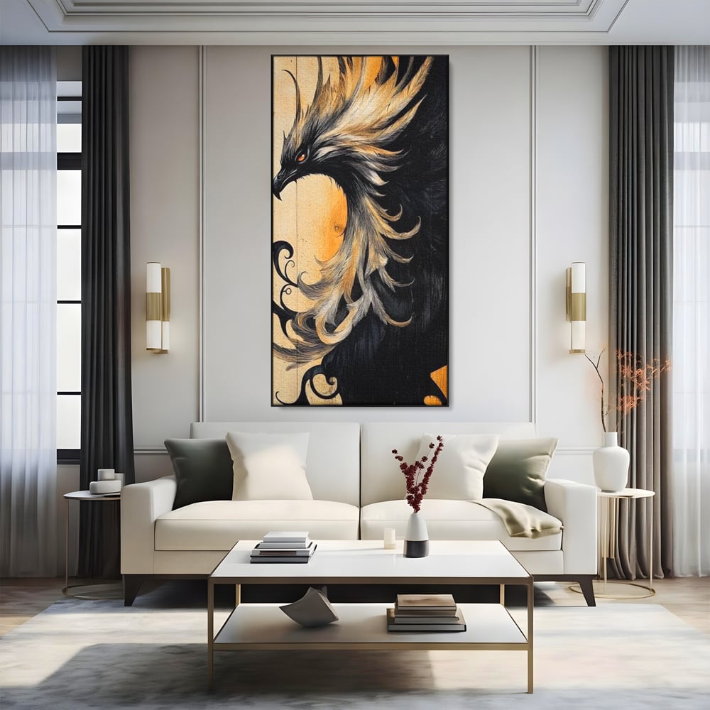Tablou canvas cu tablou canvas cu pasare mitologica phoenix, in rama de aluminiu negru, pe perete intr-un living