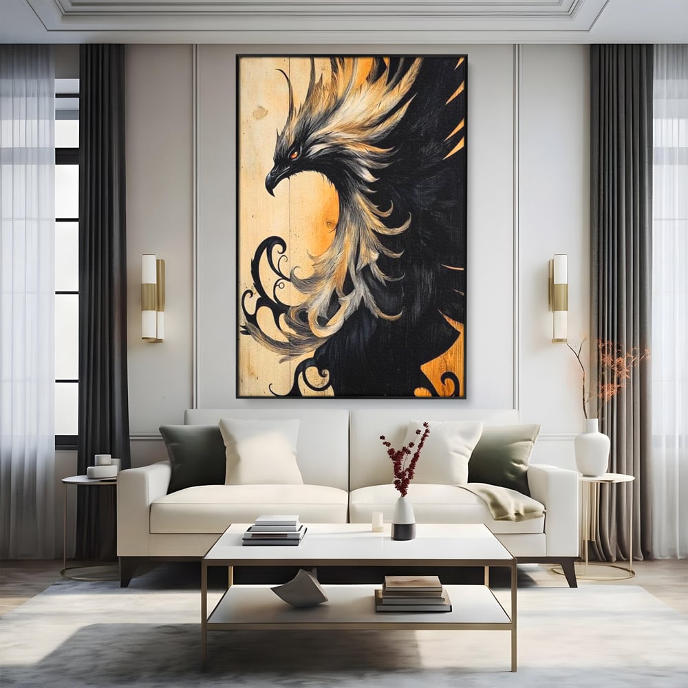Tablou canvas cu tablou canvas cu pasare mitologica phoenix, in rama de aluminiu negru, pe perete intr-un living