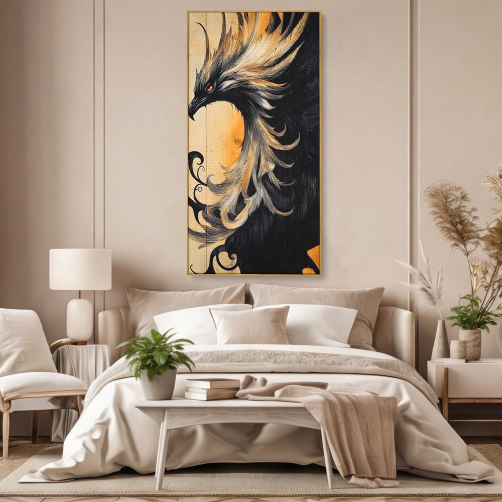 Tablou canvas cu tablou canvas cu pasare mitologica phoenix, in rama de aluminiu auriu, pe perete intr-un dormitor