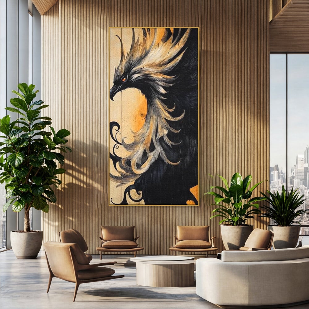 Tablou canvas cu tablou canvas cu pasare mitologica phoenix, in rama de aluminiu auriu, pe perete intr-un birou