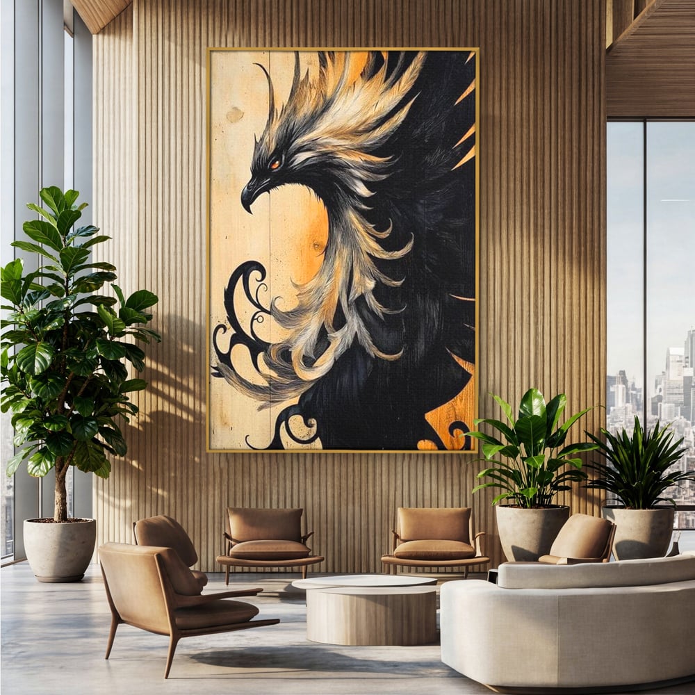 Tablou canvas cu tablou canvas cu pasare mitologica phoenix, in rama de aluminiu auriu, pe perete intr-un birou