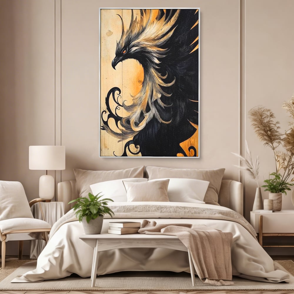 Tablou canvas cu tablou canvas cu pasare mitologica phoenix, in rama de aluminiu argintiu, pe perete intr-un dormitor