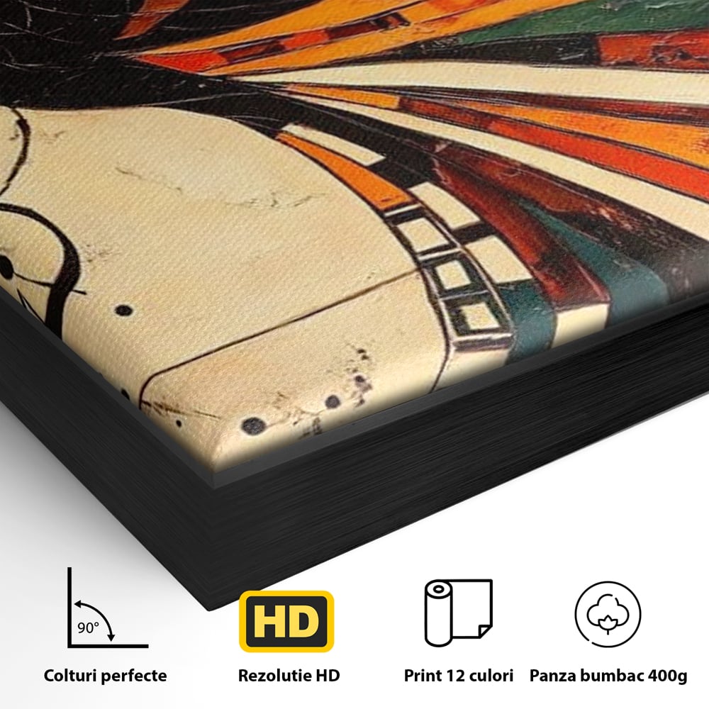 Detaliu al suprafetei: tablou canvas cu pasar phoenix stilizata, in rama de aluminiu negru