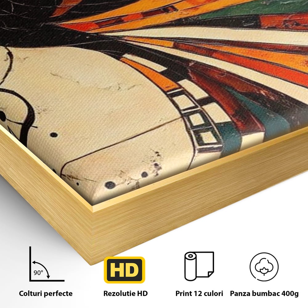 Detaliu al suprafetei: tablou canvas cu pasar phoenix stilizata, in rama de aluminiu auriu