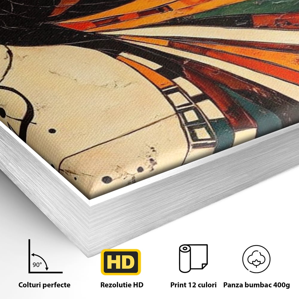 Detaliu al suprafetei: tablou canvas cu pasar phoenix stilizata, in rama de aluminiu argintiu