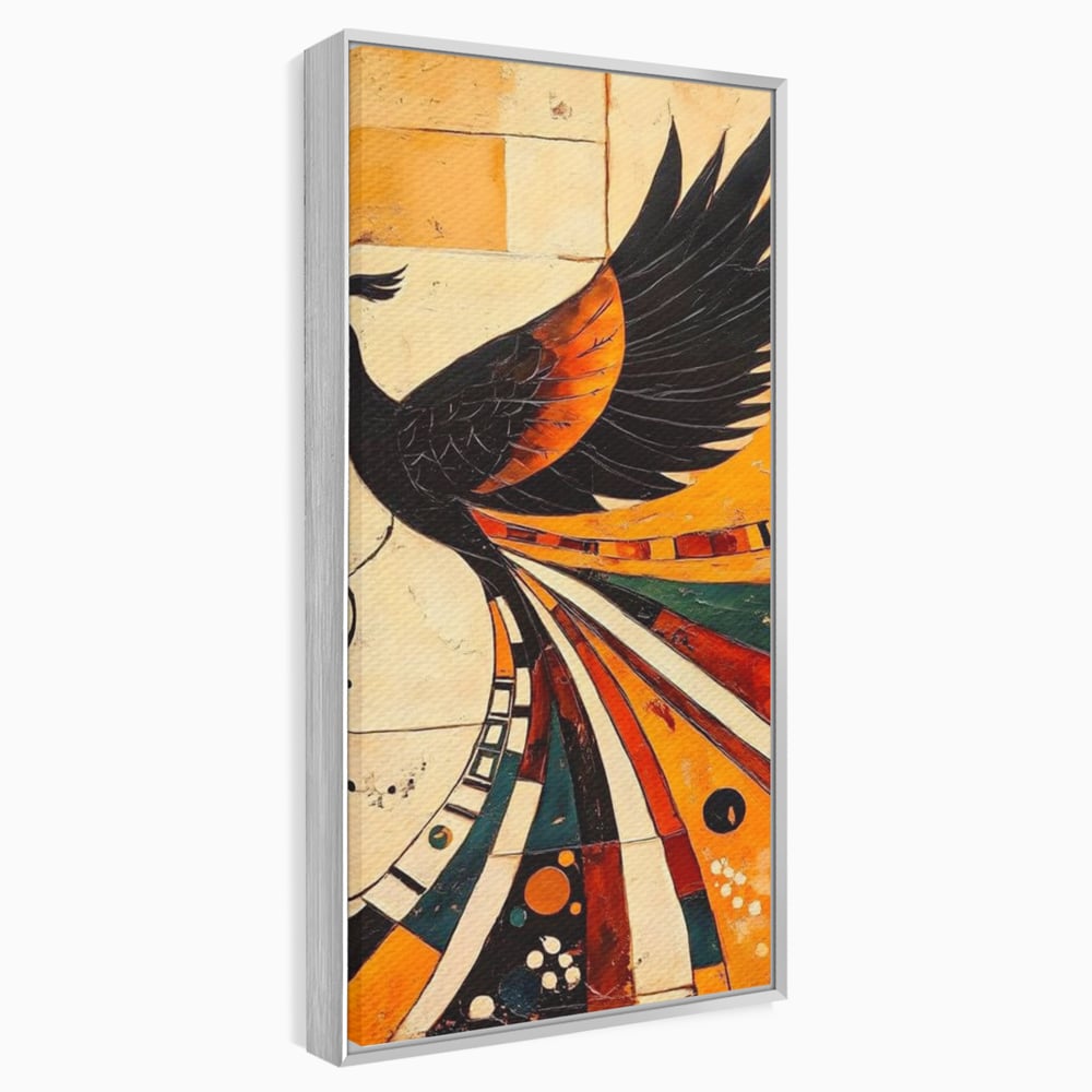 Tablou canvas cu tablou canvas cu pasar phoenix stilizata, in rama de aluminiu argintiu